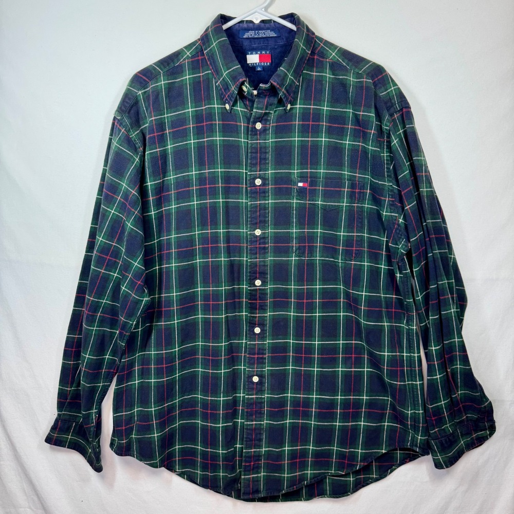 Tommy Hilfiger Flannel Shirt Plaid Button Up Long Sleeve Green Mens Sz Large Y2K